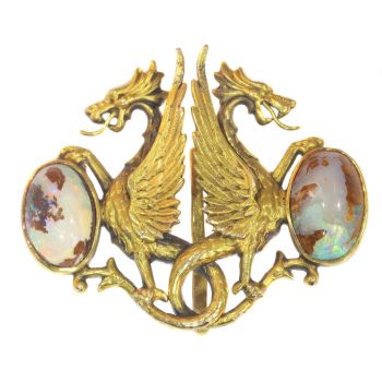 Charming Victorian brooch depicting two griffons protecting their eggs by Unknown Artist