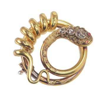 Vintage antique late Victorian 18K snake brooch with rose cut diamonds and red stones by Artiste Inconnu