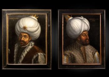 16th C Portraits of Sultans Murad III (1546–1595) and Isa Celebi (died in 1403), identities inscribed in Latin. Venetian School, Oil on canvas, framed. by Artiste Inconnu