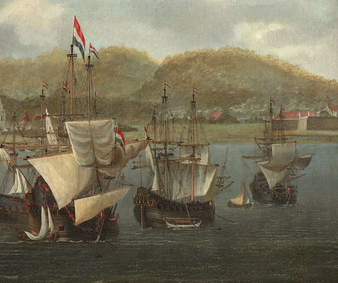 Four VOC three-masters at anchor in front of a fortress by Reinier Nooms