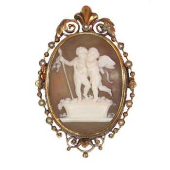 Victorian cameo brooch/pendant with locket depicting Cupid and Bacchus Stomp Grapes, Autumn after Thorvaldsen by Unknown Artist
