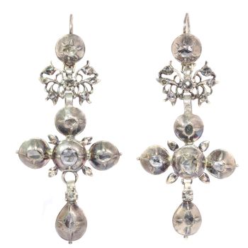 Rare Flemish cross earrings gold backed silver pendants with rose cut diamonds by Unknown Artist