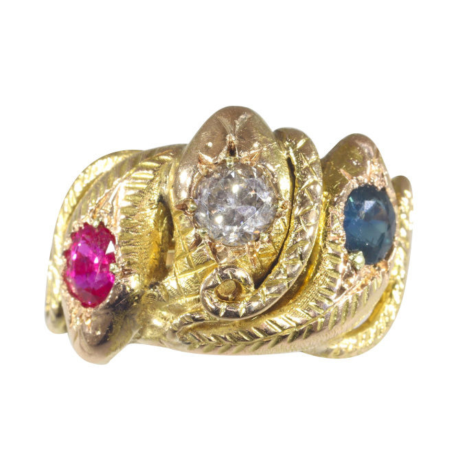 Late Victorian early Art Nouveau snake ring with diamond ruby and sapphire by Unknown Artist