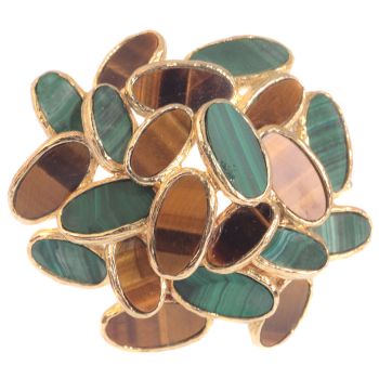 Vintage Sixties pop-art gold brooch set with malachite and tiger eye by Unknown Artist