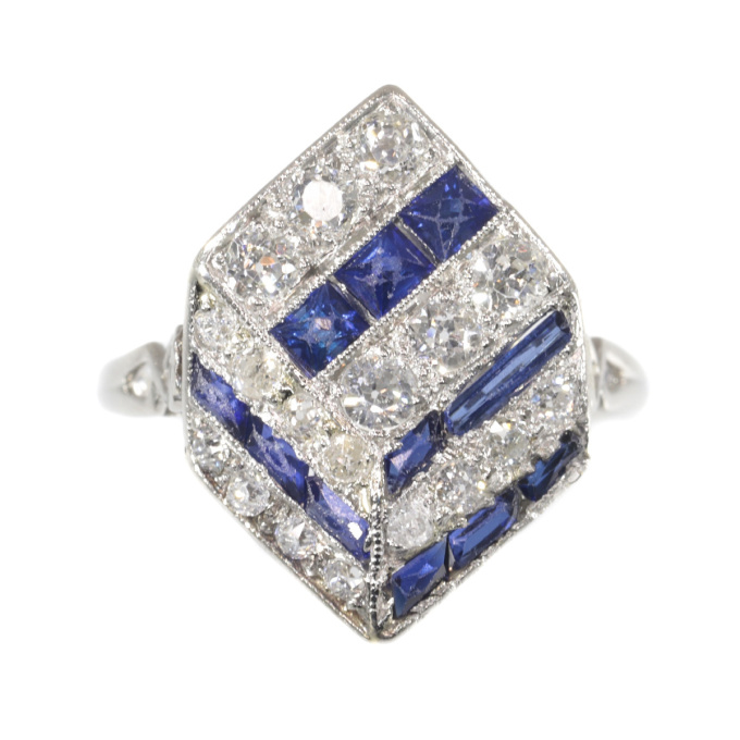 Vintage Art Deco ring diamonds and sapphires 18K white gold by Unknown Artist