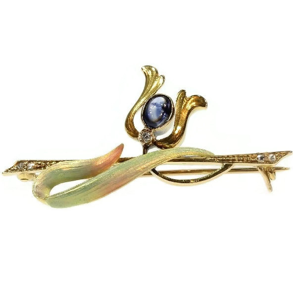 Enameled Art Nouveau brooch with diamonds and sapphire by Artista Sconosciuto