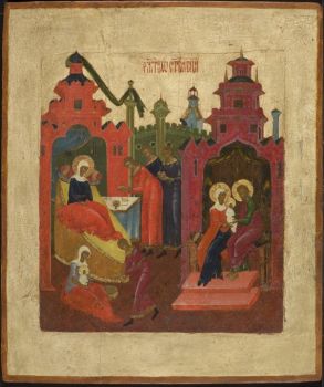 Russian Wooden Icon: The Birth of the Virgin by Unknown Artist