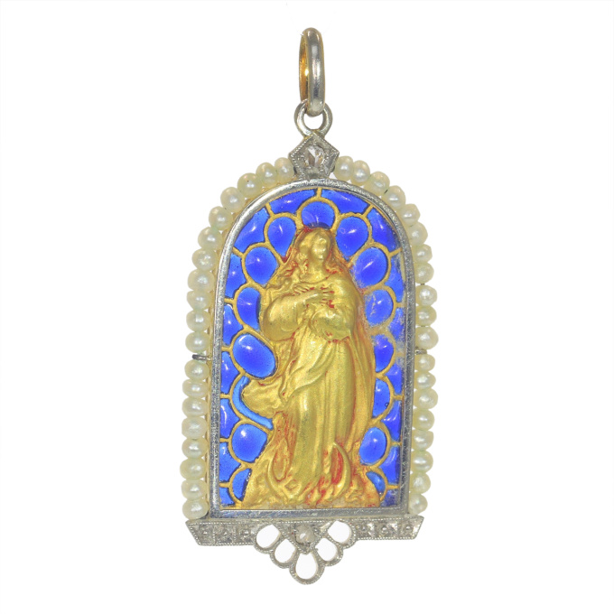 Vintage antique 18K gold pendant Mother Mary medal with diamonds and plique-a-jour enamel by Artista Sconosciuto