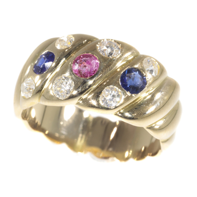 Antique 18K gold Victorian diamond sapphire and ruby ring by Artista Sconosciuto