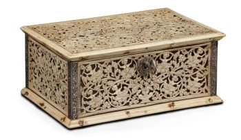 A rare Portuguese-Sinhalese openwork ivory and ebony casket with silver mounts by Artista Sconosciuto
