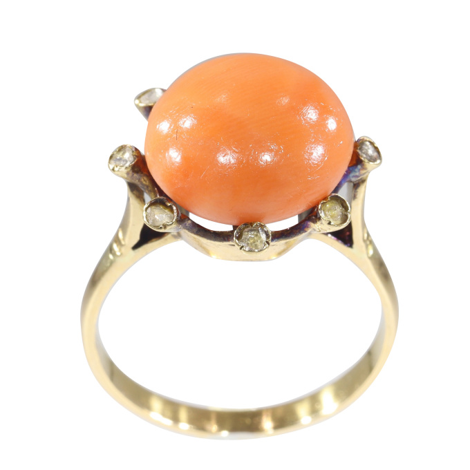 Vintage antique ring with rose cut diamonds and large blood coral by Unknown Artist