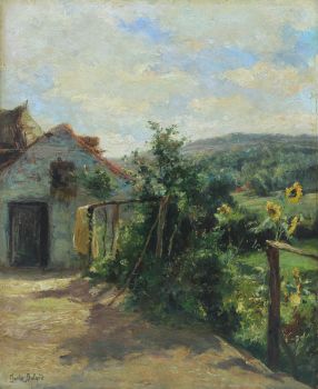 Sunny farmyard with sunflowers – Zonnig boerenerf met zonnebloemen by Charles Boland