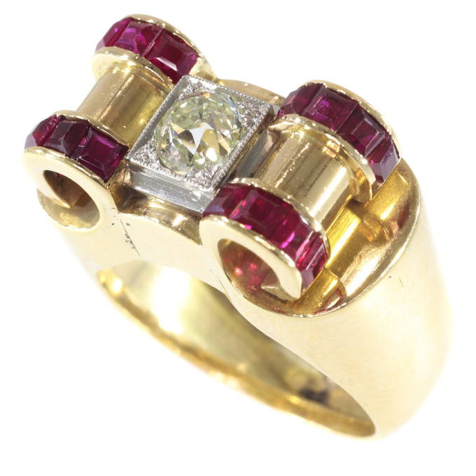Impressive Retro ring with big old brilliant cut diamond and carre rubies by Artiste Inconnu