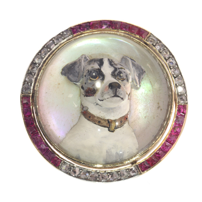 Gold diamond hunting brooch English Crystal with picture of Jack Russel Terrier by Artiste Inconnu