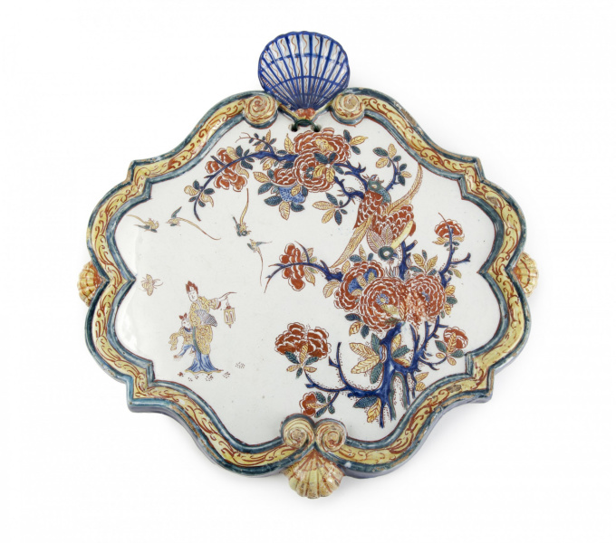 Dutch Delft chinoiserie plaque with lady with latern by Artista Sconosciuto