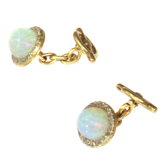 Late Victorian cufflinks 18K gold diamond and high domed opals by Artista Sconosciuto